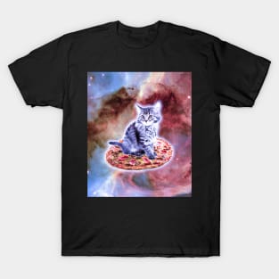 Galaxy Kitty Cat Riding Pizza In Space T-Shirt